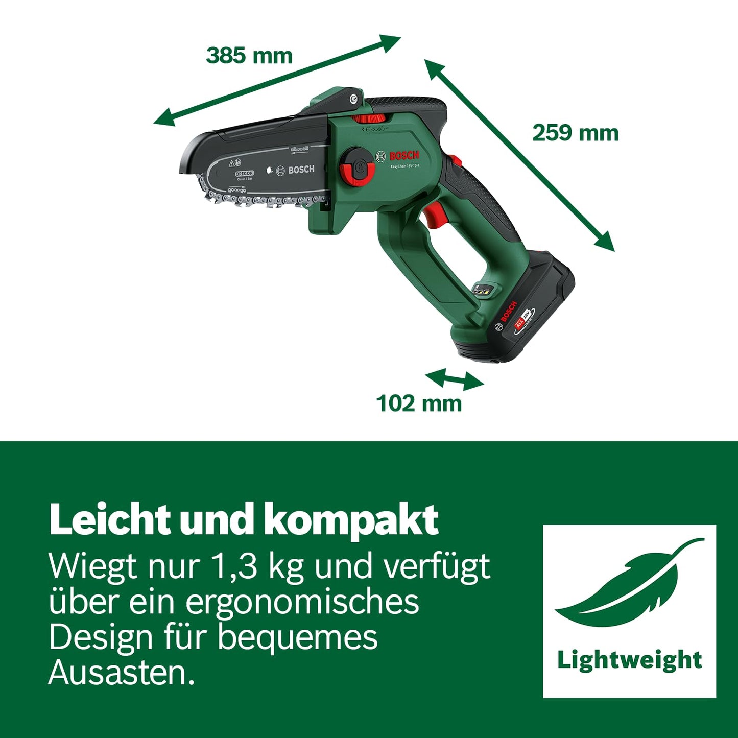 Bosch kompakte Mini Kettensäge EasyChain 18V-15-7 (Zum Schneiden von Holz; 18 Volt System; Kettengeschwindigkeit: 6,95 m/s; mit 2,5-Ah-Akku und Ladegerät)
