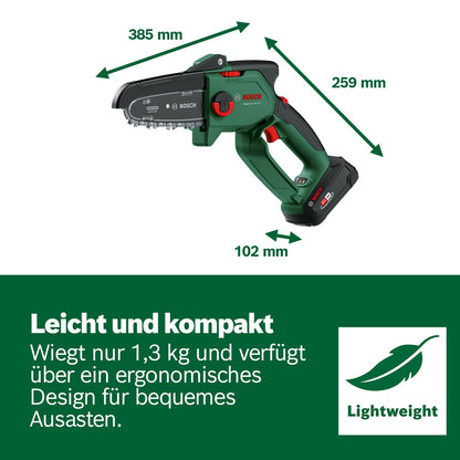 Bosch kompakte Mini Kettensäge EasyChain 18V-15-7 (Zum Schneiden von Holz; 18 Volt System; Kettengeschwindigkeit: 6,95 m/s; mit 2,5-Ah-Akku und Ladegerät)