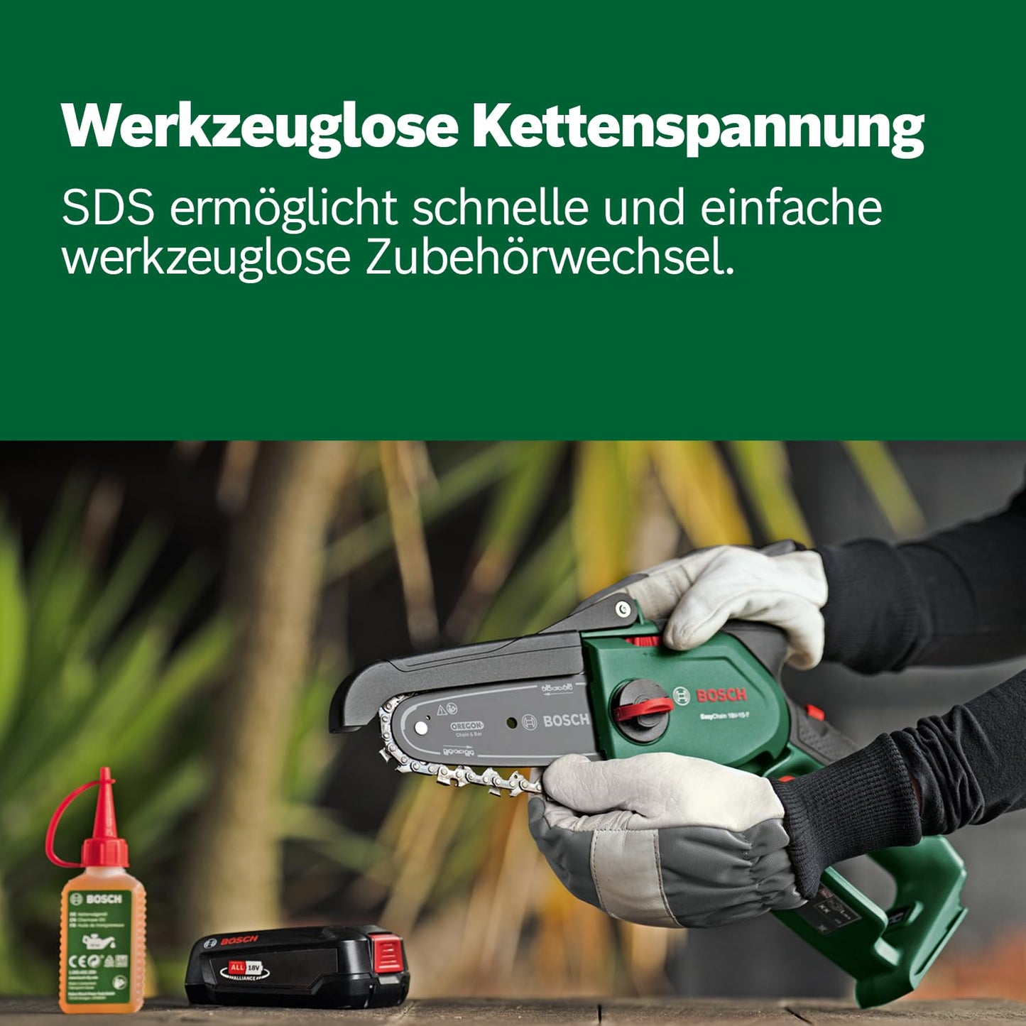 Bosch kompakte Mini Kettensäge EasyChain 18V-15-7 (Zum Schneiden von Holz; 18 Volt System; Kettengeschwindigkeit: 6,95 m/s; mit 2,5-Ah-Akku und Ladegerät)