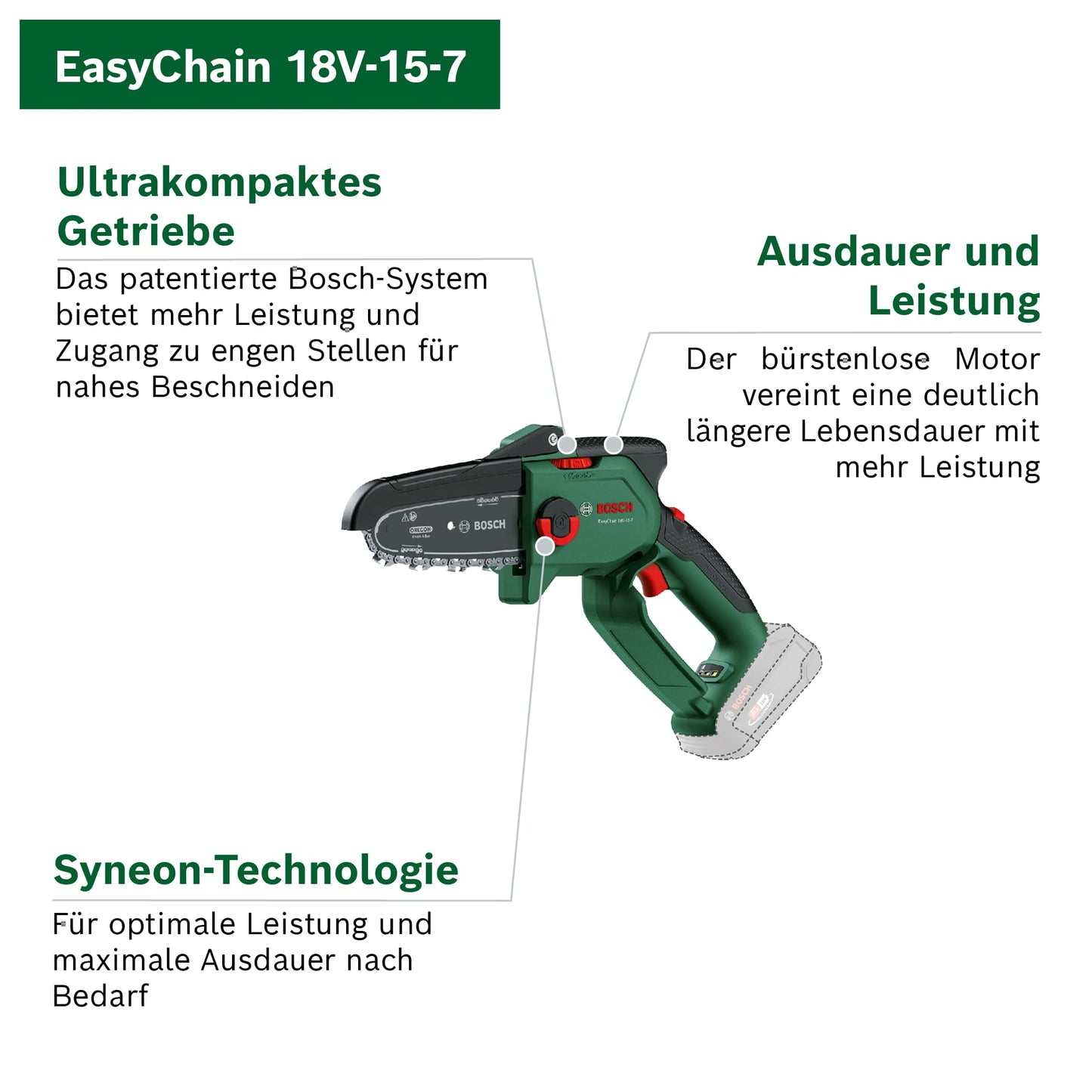 Bosch kompakte Mini Kettensäge EasyChain 18V-15-7 (Zum Schneiden von Holz; 18 Volt System; Kettengeschwindigkeit: 6,95 m/s; mit 2,5-Ah-Akku und Ladegerät)